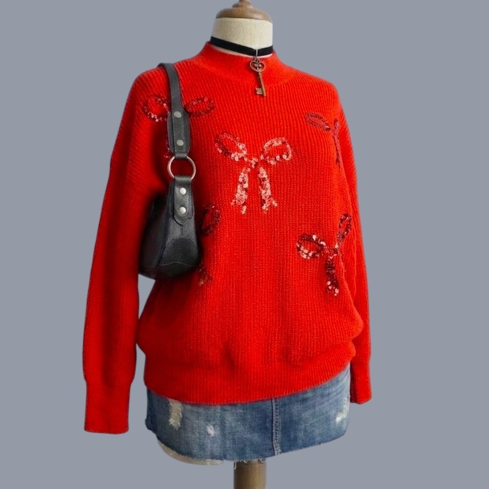 Red Sequin Bow Mock Neck Knit Sweater XLarge Oversized Festive